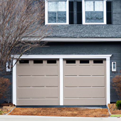 Suburban Newton home with a closed garage door showing material texture and classic home facade in soft overcast light.