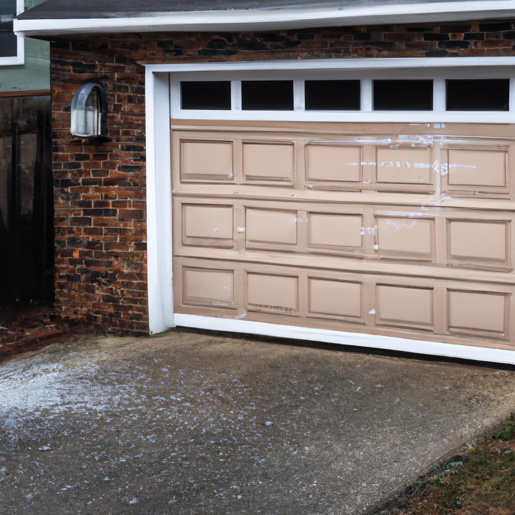 Suburban garage door and driveway with visible road salt residue on a winter morning in Newton, Massachusetts