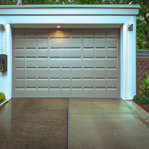 Modern insulated sectional garage door on a Newton, MA suburban home with smart keypad and wet driveway in morning light.
