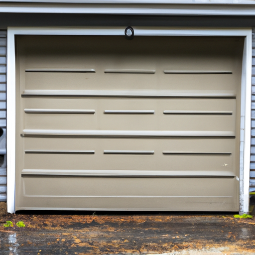 Suburban Newton driveway with a closed paneled garage door, tracks and weather seal visible, overcast light.