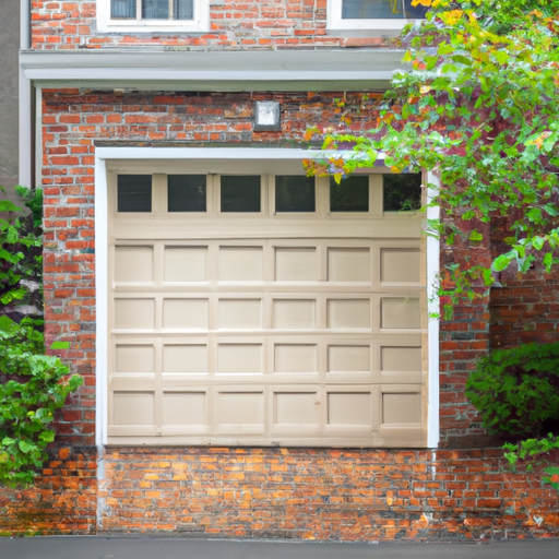 Suburban Newton home exterior with a sectional garage door, brick facade, and trimmed shrubs on a damp morning.