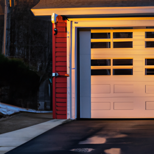 Editorial view of a closed modern insulated garage door on a Newton, MA home at golden hour, showing weatherproof seals and a clear driveway.