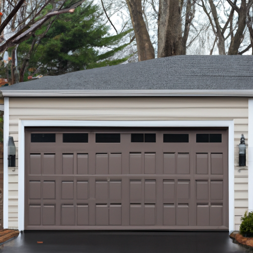 Closed modern sectional garage door on a Newton, MA suburban home in daylight, no people.