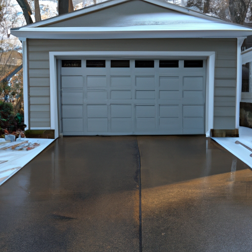 Modern steel garage door on a Newton, MA suburban home with light snow and wet driveway visible.