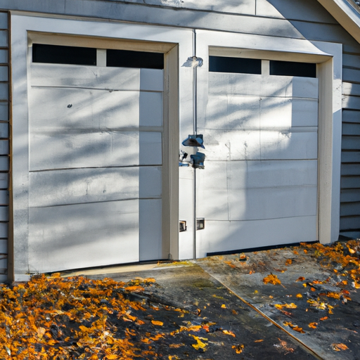 Suburban Newton home with a visible closed garage door, late autumn leaves and driveway edge.