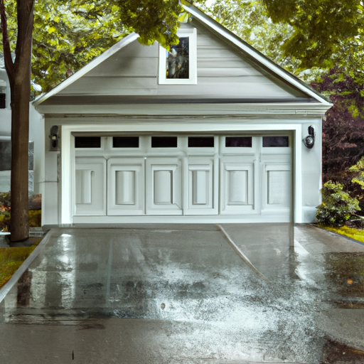 Suburban Newton, MA home with a visible modern paneled garage door in soft morning light, wet driveway, no people.