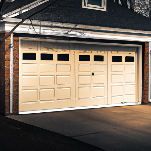 Suburban Newton garage with modern sectional garage door closed, late afternoon light, no people.