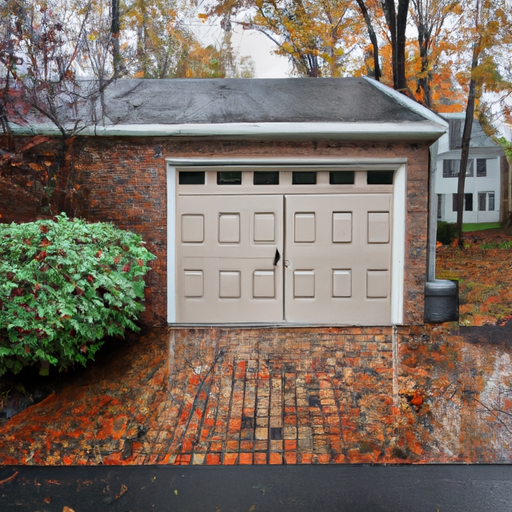 Suburban Newton driveway with a raised-panel garage door, brick facade, wet pavement and autumn leaves.
