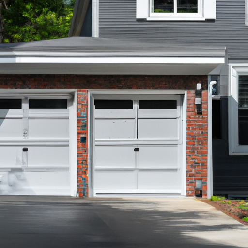 Newton, MA residential garage with a modern sectional door and visible smart opener hardware, mid-morning light, no people.