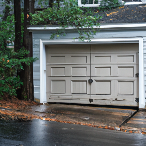 Closed residential woodgrain steel garage door in a Newton, MA driveway after light rain.