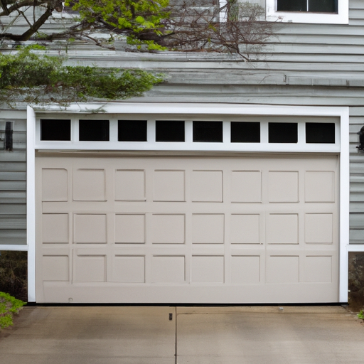 Suburban Newton home with a modern garage door visible, driveway and trees, overcast light.